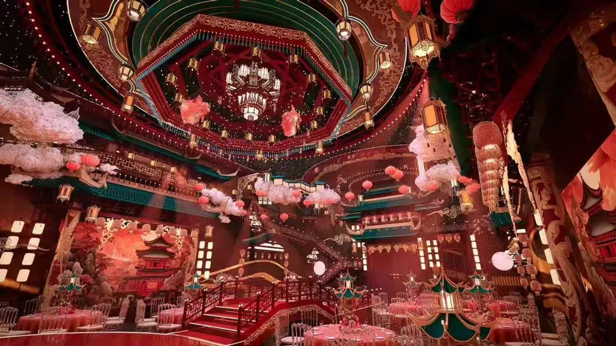 云中长安宴会厅内景，红色中式楼阁与灯笼布置